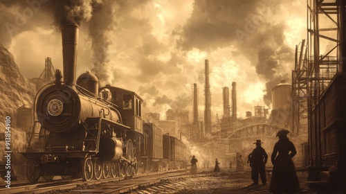 Vintage Industrial Revolution Factory: Steam Engines, Workers in Period Clothing, Mechanical Machinery in Sepia Tones