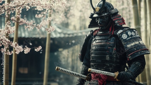 Traditional Samurai Training in Serene Bamboo Forest Dojo with Cherry Blossoms