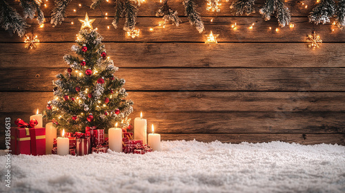 Rustic Christmas-Themed Photography Backdrop with Wooden Planks, Illuminated Tree, Candles, and Gift Boxes Set Against Soft White Snow, Creating a Cozy Holiday Atmosphere