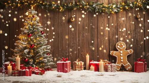 Rustic Christmas-Themed Photography Backdrop with Wooden Planks, Illuminated Tree, Candles, and Gift Boxes Set Against Soft White Snow, Creating a Cozy Holiday Atmosphere