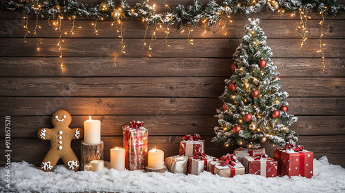 Rustic Christmas-Themed Photography Backdrop with Wooden Planks, Illuminated Tree, Candles, and Gift Boxes Set Against Soft White Snow, Creating a Cozy Holiday Atmosphere