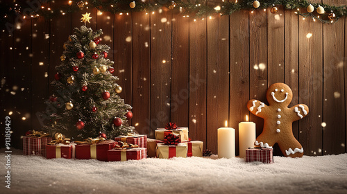 Rustic Christmas-Themed Photography Backdrop with Wooden Planks, Illuminated Tree, Candles, and Gift Boxes Set Against Soft White Snow, Creating a Cozy Holiday Atmosphere