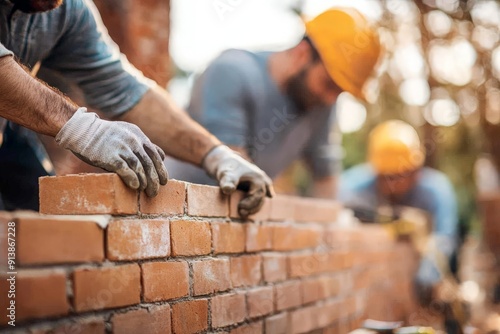 Bricklayer construction worker collaborating with a team, discussing plans and strategies to efficiently build a brick structure 