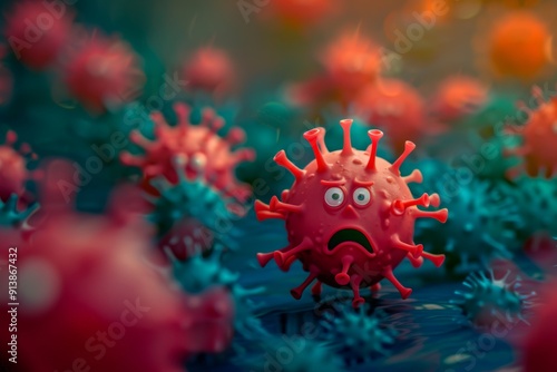 Surreal pandemic scene virus exuding anxiety and cuteness. Virus character shows fear surreal and comic expression. Anthropomorphic virus illustrates dichotomy of something dangerous 