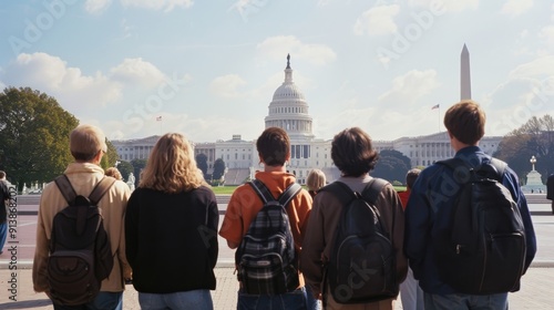 A group of five individuals with backpacks stands facing the Capitol Building under a clear sky, possibly on a trip or educational tour.