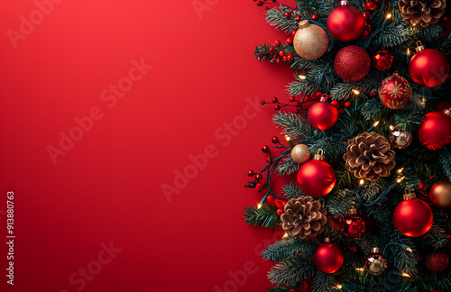 A beautifully decorated Christmas tree on red background