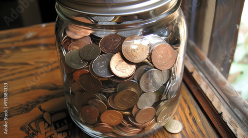 Clear glass jar filled to the brim with various coins of different denominations and sizes.