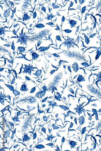 Png blue watercolor flower pattern with transparent background