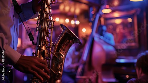 A vibrant jazz club scene featuring a saxophone player under warm, atmospheric lighting, creating a lively musical ambiance.