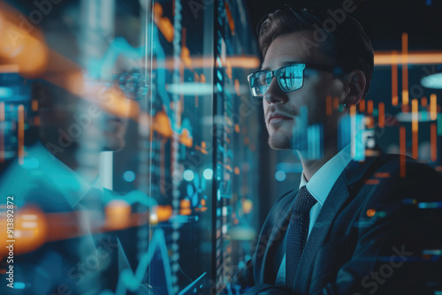 Focused businessman in glasses analyzing financial data on screen with digital overlay of charts and graphs. Concepts of financial analysis, digital technology, and strategic planning.