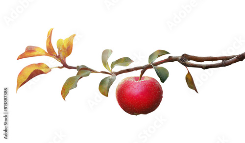 Red apple on tree branch with leaves, isolated