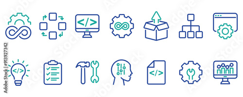 DevOps methodology and software development concept editable stroke outline icons set isolated on white background flat vector illustration. stock vector.