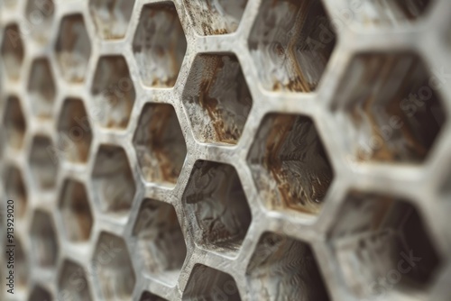 Macro photograph of a honeycomb, emphasizing the hexagonal texture at a perpendicular angle. 