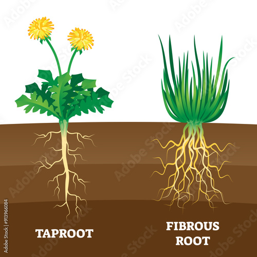 Taproot and fibrous root example comparison illustration scheme, transparent background. Educational organic plant part description with main large central root and thin branching system.