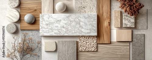 Moodboard showcasing different materials including wood, marble, and textured tiles