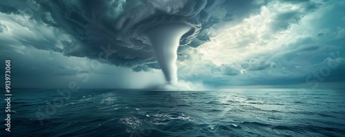 Powerful waterspout forming over a vast ocean, 4K hyperrealistic photo