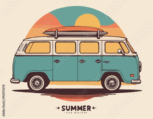 Vintage summer surf poster with a mini van vector illustration