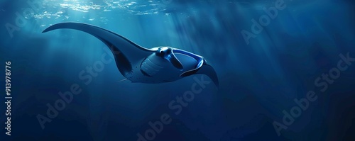 Graceful manta ray in a deep blue sea, 4K hyperrealistic photo