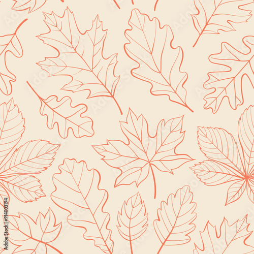 Oak, maple, chestnut leaves outline seamless pattern. Autumn or spring leaves in doodle style. Vector monochrome red foliage contour on beige background for wrapping paper, wallpaper, and fabric.