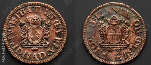 Aged bronze coin from 1744 bears coat of arms, agricultural tools, Latin inscriptions. Worn appearance highlights historical significance.