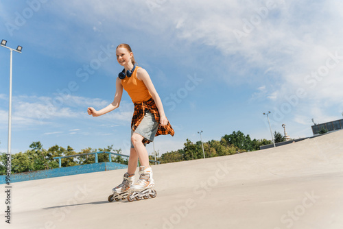 Happy redhead teenager girl on roller skates outdoors in the city