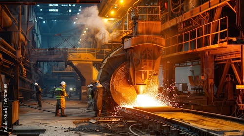 Production process at a steel plant. Work in the foundry. The process of work at a metallurgical plant. Metallurgists. Blast furnace. Melting metal. Domna. Conveyor. 