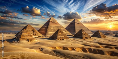 Majestic ancient pyramids rise from the desert sands, radiant sunlight casting dramatic shadows on the weathered stone monuments, Egyptian mystique and wonder abound.