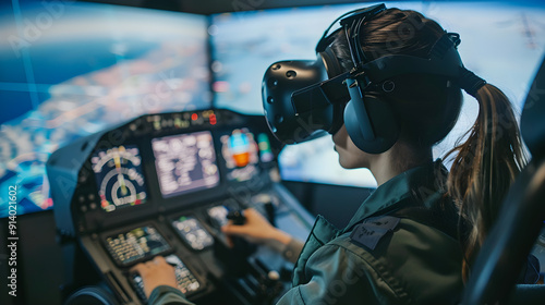 Virtual reality pilot simulator in action, complete with headset and flight controls in cockpit.