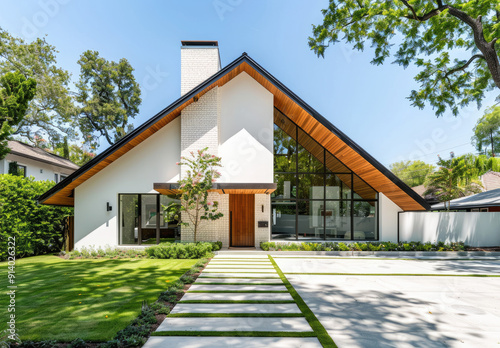 the front view exterior, white brick home with dark wood accents and gable roof in beverly hills california. large oak trees surround house