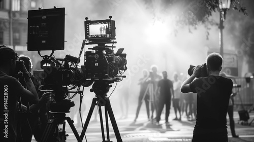 Black and white image of a film crew working on a city street, shooting a scene with a group of actors. The image captures the energy and excitement of filmmaking