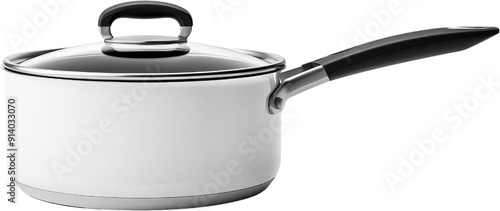 A sleek, modern stainless steel saucepan with a black handle and glass lid, perfect for cooking and boiling. High-quality kitchen utensil.