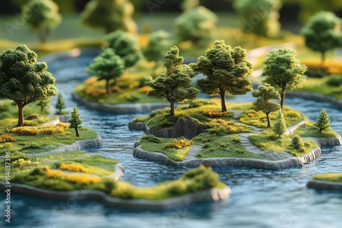 3d game board miniature lakeside ecosystem serene landscape environmental challenges detailed terrain strategic elements educational immersive design