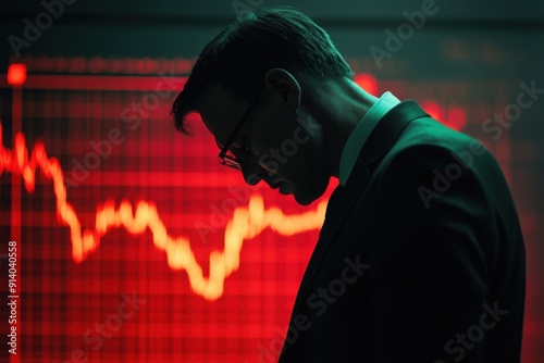 Stressed businessman with red stock market graph