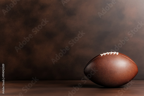 A close-up of an American football on a brown background, symbolizing sportsmanship and excitement during the Super Bowl