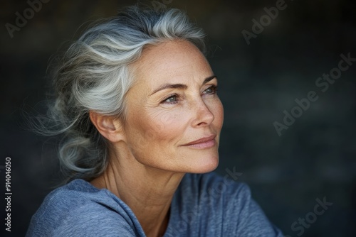 A serene older woman with grey hair, captured in a peaceful moment, looking off into the distance with a calm expression. Soft light highlights her features beautifully.