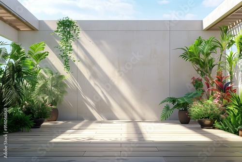 Empty outdoor roof terrace with potted plants in minimal style