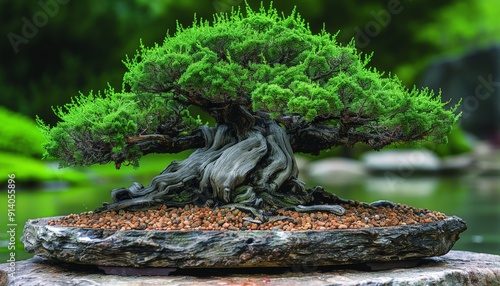 A bonsai in Raft style, with horizontal growth forming multiple trunks