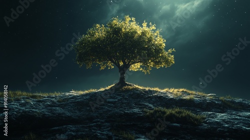 A tree is standing on a rocky hillside in the dark