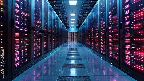 Digital data storage. A room with servers for storing and processing data. A snapshot of a data center with several rows of fully operational server racks