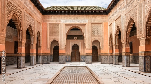 Courtyard of the beautifully restored Ben Youssef Medersa. It is the largest theological school in Morocco. Marrakech