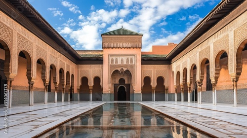 Courtyard of the beautifully restored Ben Youssef Medersa. It is the largest theological school in Morocco. Marrakech