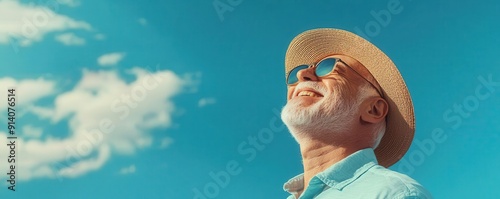 Face of a happy senior man with a sunhat, Labor Day, celebration, relaxation