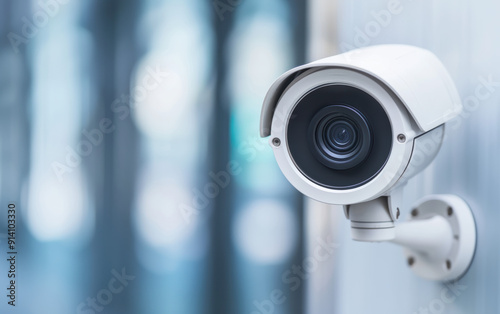 Close-up of a white security camera mounted on a wall, monitoring a modern interior space with blurred background.