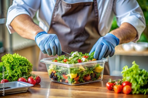 Chef's gloved hands carefully prepare a fresh vegan salad in a sustainable container, adhering to sanitary guidelines for safe takeout during the pandemic.