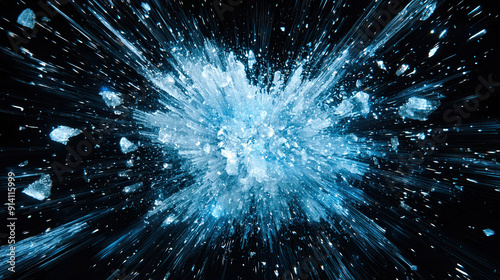 Abstract Blue Ice Crash Explosion Parts on Black Background, Shattered Ice Fragments, Dynamic Ice Burst Effect, High-Impact Frozen Explosion, Dramatic Blue Ice Visual, Intense Ice Impact Design