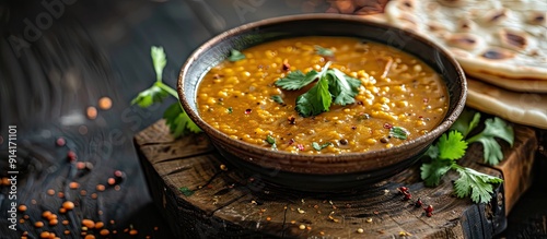 Traditional Indian Masoor Dal or Dal Tadka Curry served with homemade Chapati on a rustic black wooden background Spicy curry and lentil soup garnished with spices and herbs in a bowl with copy space