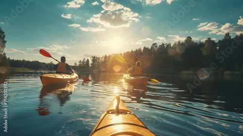 A peaceful scene of people leisurely kayaking on a serene, sunlit lake on a summer day.