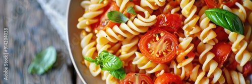 Creamy vegan garlic fusilli pasta with cherry tomatoes and basil topping Healthy plant based food recipe