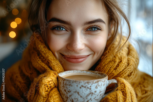 Portrait of joyful young woman enjoying a cup of coffee at home. Smiling pretty girl drinking hot coffee in winter.