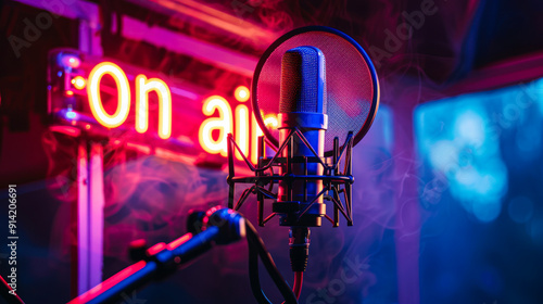 Professional microphone and red neon on air sign on dark blue background. Recording studio banner design. Live broadcasting, recording, audio sound equipment, podcasting, steaming